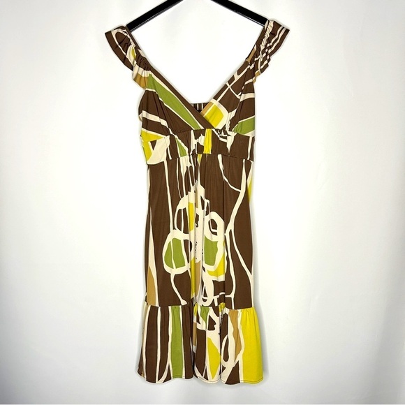 BCBGMaxAzria Women's Brown Green Beige Print Ruffled Sleeveless Dress Size XS - Picture 8 of 8
